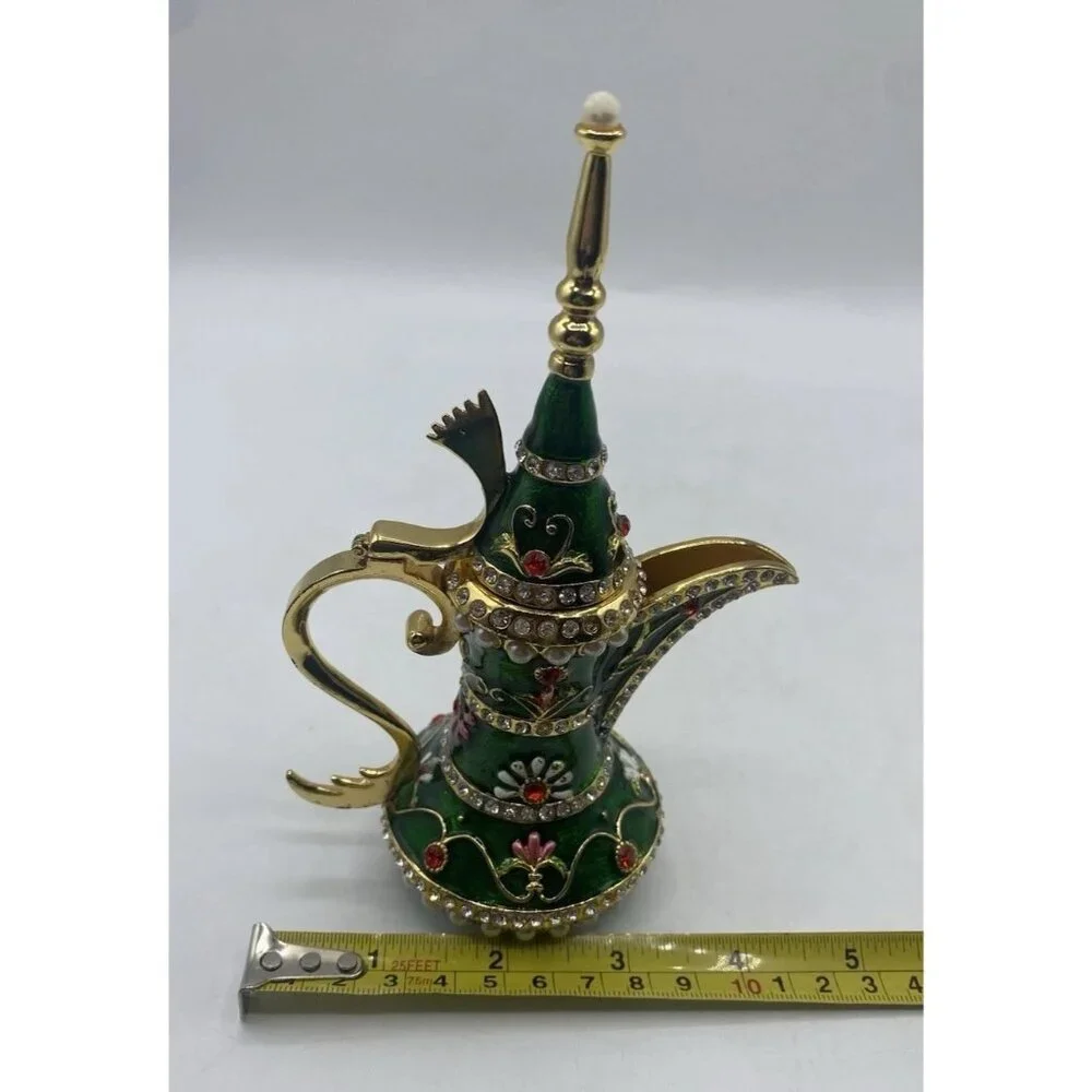 Signed Qifu Green Enamel Jeweled Arabian Nights Trinket  Stash Ring Vanity Box